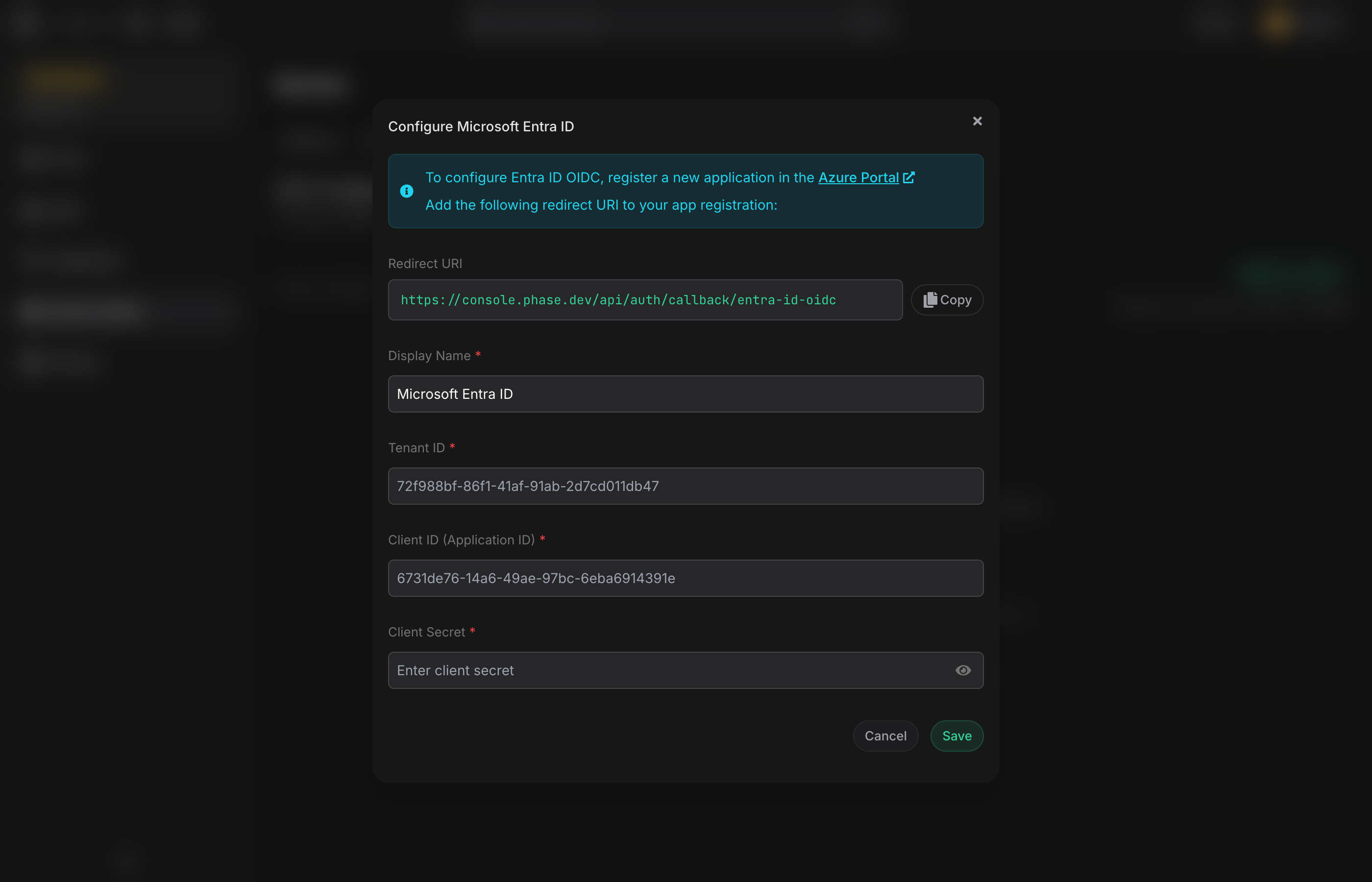Entra ID setup dialog — empty