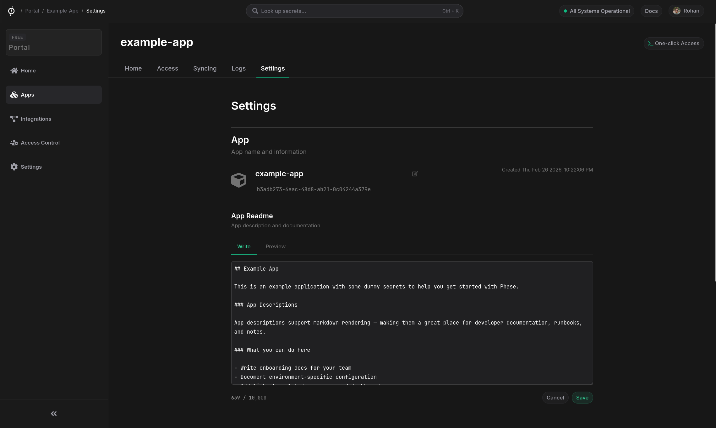 app readme editor in settings