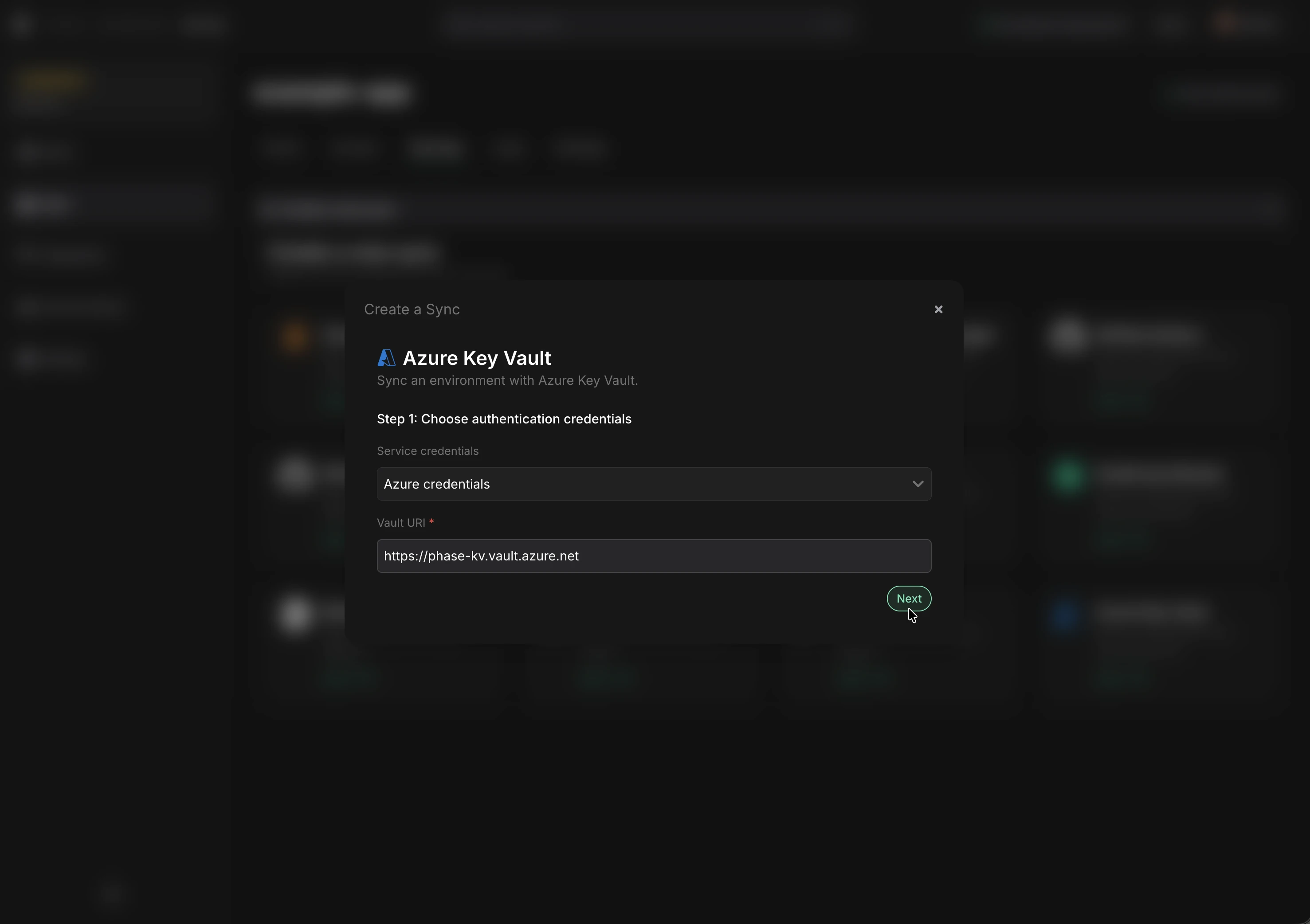 Select credentials and Azure KV URI