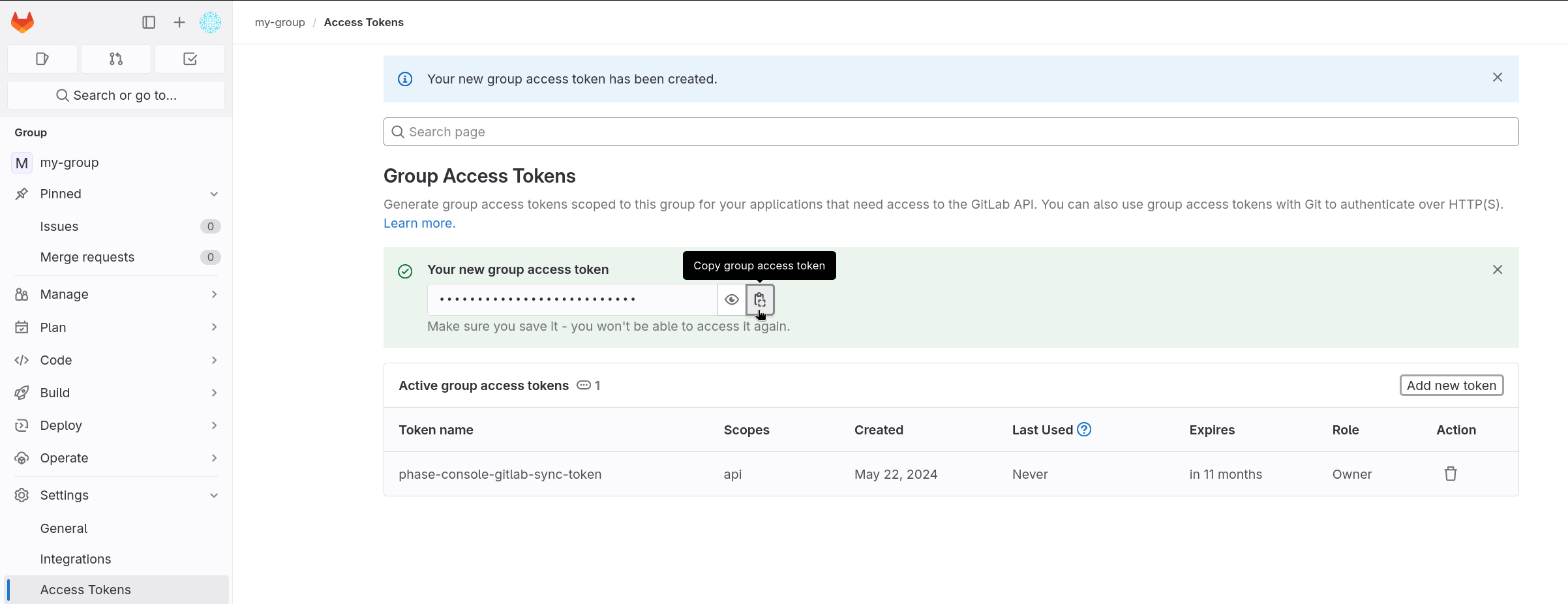 Group Access Token copy